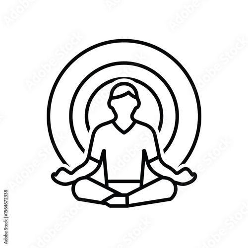 Mindfulness icon. meditation timer. person sitting lotus with clock behind. mental health, calmness, concentration. Outline design style