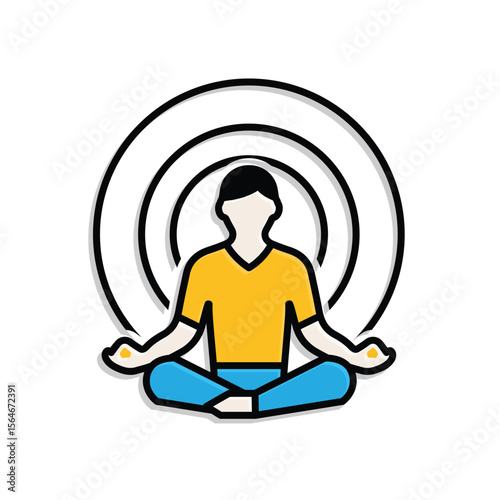 Mindfulness icon. meditation timer. person sitting lotus with clock behind. mental health, calmness, concentration. Mixed design style