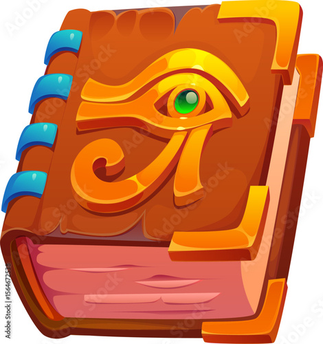 Cartoon mystical ancient Egypt book featuring the eye of Horus on a golden embellished cover, symbolizing mystery, wisdom, and historical magic, Vector Egyptian game icon, artifact, treasure asset