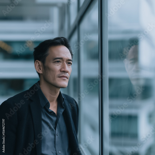 Visionary Contemplation: A focused, middle-aged individual stands by a vast window. Deep in thought, lost in the reflection of the architecture outside.
