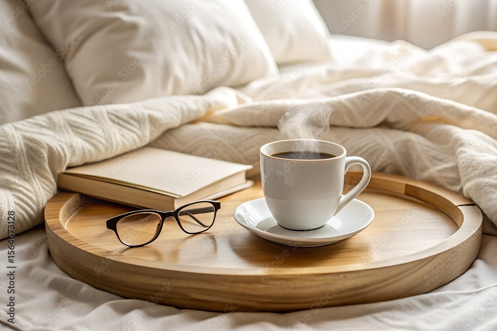A steaming cup of coffee sits on a wooden tray with a book and glasses on a cozy bed A steaming cup of coffee sits on a wooden tray with a book and glasses on a cozy bed