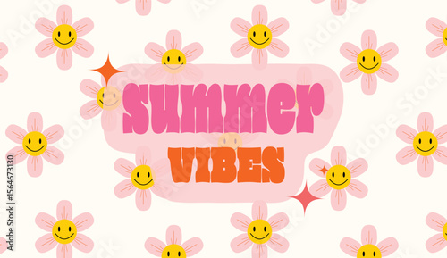 Groovy summer vibes lettering, happy yellow daisy faces, cute floral seamless wallpaper, vintage style art