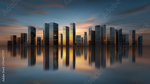 Golden hour cloud glowing behind futuristic metropolitan skyline glass building reflecting sunset hue warm urban atmosphere blending soft cloud hard architecture panoramic city view custom sunset city