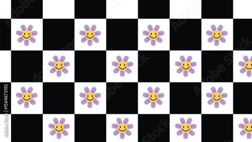 Vintage chessboard with happy flowers, bold black white squares, cute daisy faces, trendy seamless wallpaper