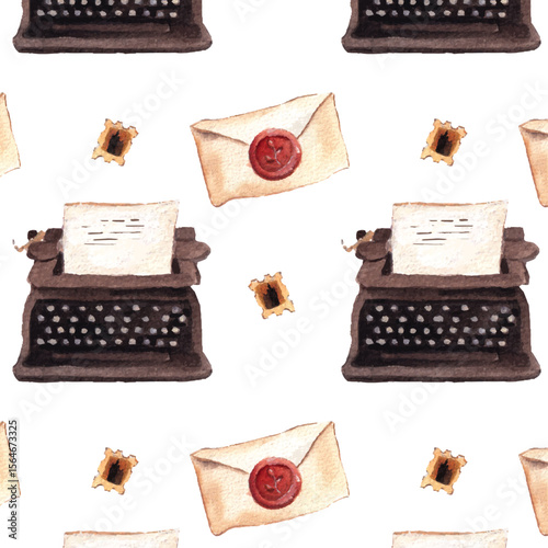 Vintage Typewriter  Letter Seamless Pattern – Watercolor Illustration for Writer Gifts, Stationery, and Bookish Decor. Vintage brown toned background. 