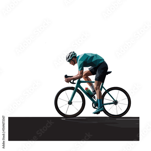 Abstract Cyclist Vector – Geometric Illustration of Racing Biker with Teal Bicycle and Red Shirt, polygonal art on a transparent background