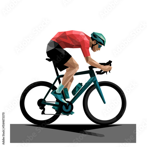 Abstract Cyclist Vector – Geometric Illustration of Racing Biker with Teal Bicycle and Red Shirt, polygonal art on a transparent background