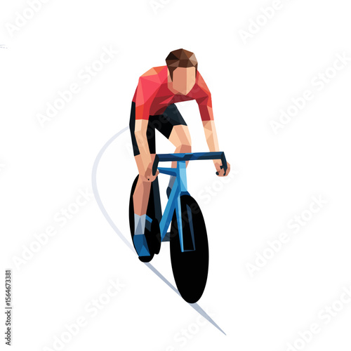 Abstract Cyclist Vector – Geometric Illustration of Racing Biker with Teal Bicycle and Red Shirt, polygonal art on a transparent background