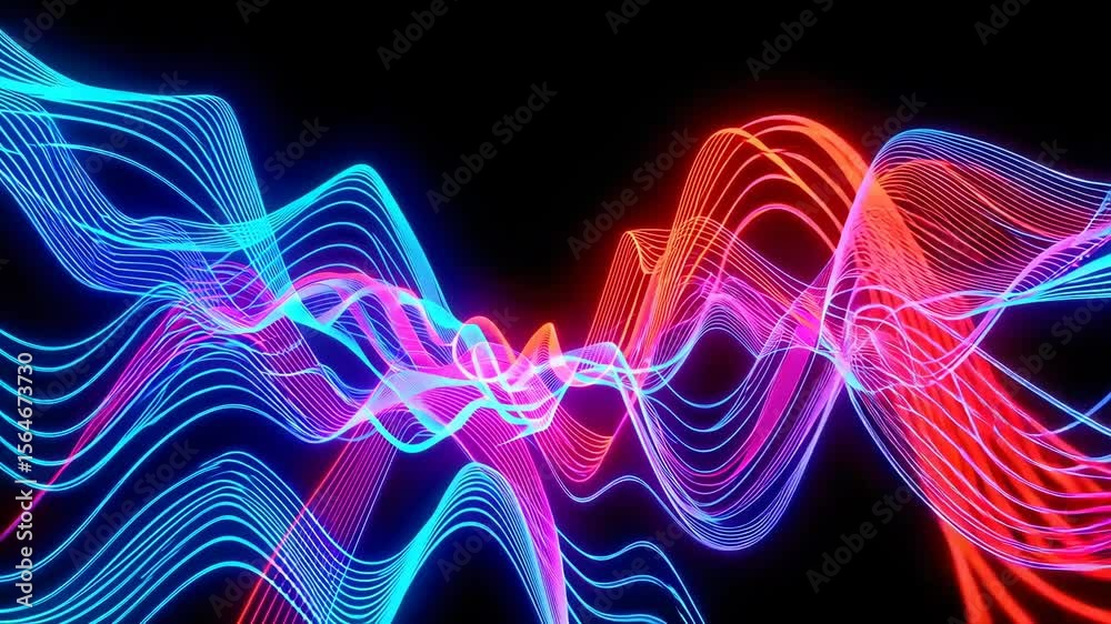Colorful light waves create stunning visual patterns in a digital art display at an evening event
