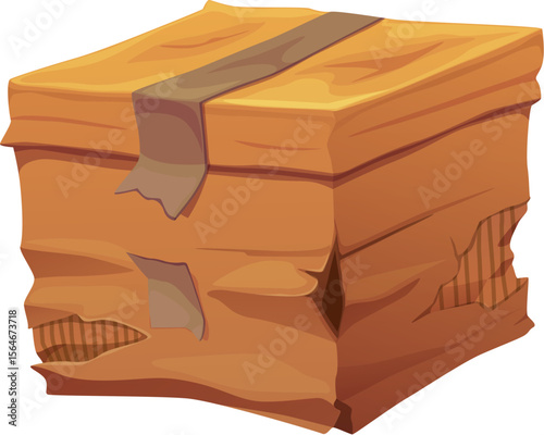Damaged and crumpled cardboard box used for shipping and delivery. Broken and crushed cargo packaging, ripped parcel symbolizing careless handling or delivery mishaps, poor handling or shipping issues