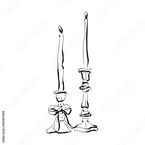 Candle Hand Drawn Line Art Doodle Sketch Style. Two Candles Simple Linear Sketch Drawing. Minimal Hand Draw Illustration for Cafe, Party, Holiday, Invitation. Vector	