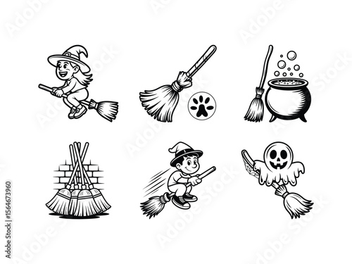 Halloween characters and objects flying on broomsticks witch ghost