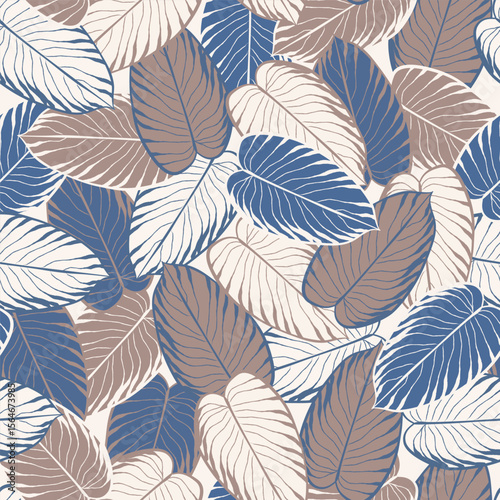 Leaves Seamless Pattern Hand Drawn Line Art Style. Leaf Minimal Wallpaper Background Design. Botanical Template for Textile, Fabric, Print, Banner, Web, Social Media. Vector Illustration