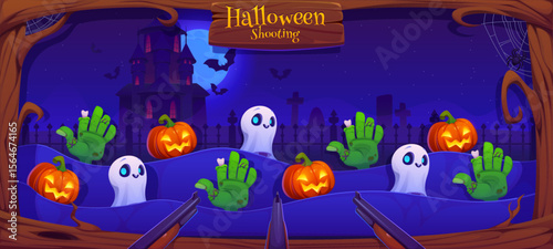Halloween monsters, hunting carnival shoot game or shooting range gallery, cartoon vector. Halloween shooting gallery with monster pumpkins, ghosts and zombie hands at cemetery for carnival shoot game