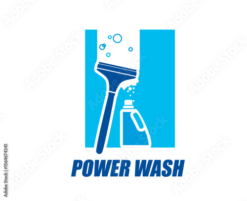 Windows cleaning service icon with washing detergent and squeegee on glass, vector symbol. Home windows cleaning and house professional maintenance service emblem with squeegee scraper and bubbles