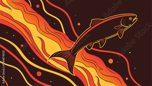 Illustration of a rainbow trout on a red background with waves.