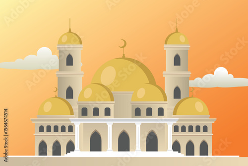 Golden Domed Mosque at Sunset Islamic Architecture Illustration