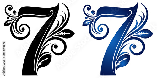 Decorative number 7 seven in black and blue gradient designs, isolated vector image on transparent background
  
