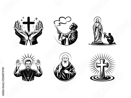 Religious figures and symbols in black and white christian cross