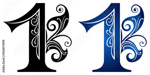 numeral 1 one in two design variants black and blue gradient, isolated vector image on transparent background