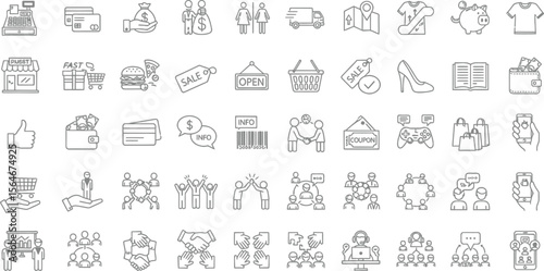 Collection of various business and e commerce related icons in a line art style on white background