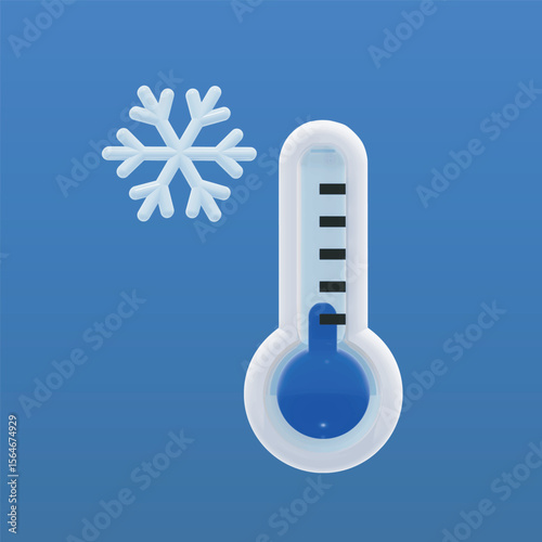 3D vector EPS. Snowflake paired with a blue thermometer, symbolizing cold weather or frosty temperatures. The glossy, modern design makes it ideal for weather forecasts, apps, winter promotions.