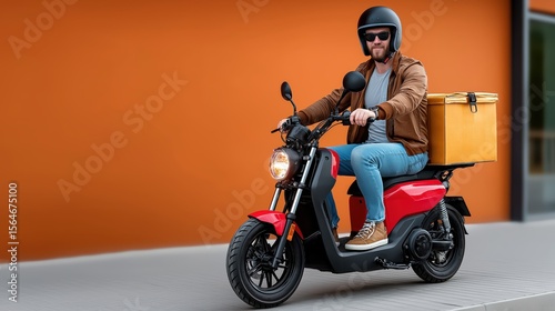 Contactless food delivery concept with courier riding electric scooter, wearing helmet and gloves, urban background, safety, speed, and convenience