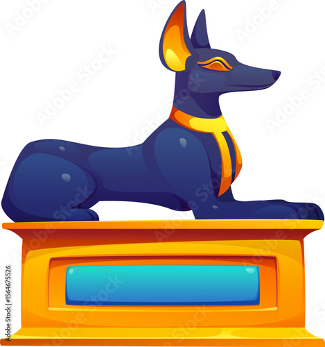 Cartoon Anubis, ancient Egyptian god of the afterlife, Egypt game icon, treasure asset. Jackal deity posed regally atop a golden pedestal. Vector regal artifact or relic symbolizing myth and royalty