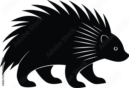 A prickly porcupine silhouette, isolated on white background, is shown from the side, displaying its many quills