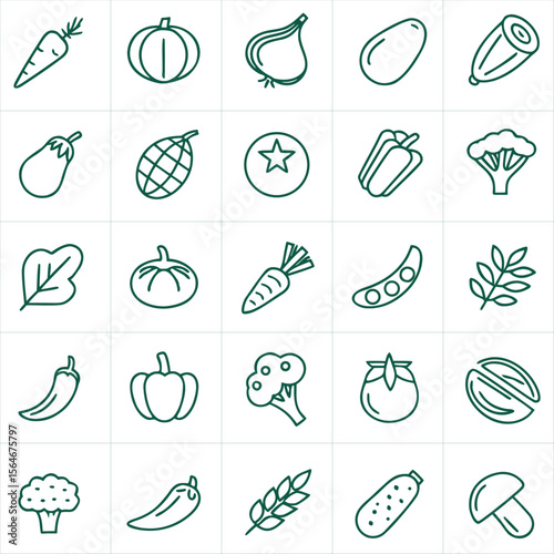Collection of green vegetable and fruit icons carrot pumpkin