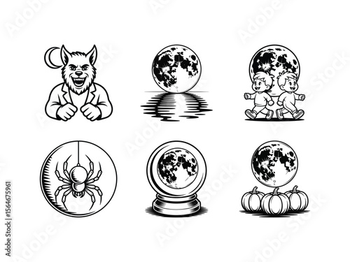 Werewolf moon spider crystal ball pumpkins children walking vector