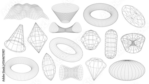 3D wireframe shapes, brutal and tech grids in retro perspective mesh, vector elements. Abstract wireframe shapes torus and tunnel, geometric polygon and planet with funnel in 3D perspective wire mesh