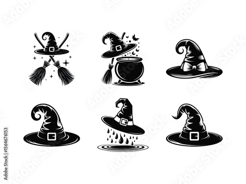 Witch hats brooms cauldron bats dripping water bow tie broomstick