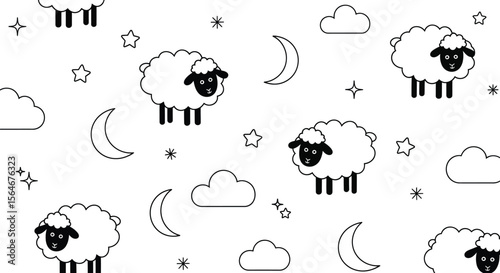 Seamless pattern with sheep clouds stars and moons in black and white for kids bedtime story design