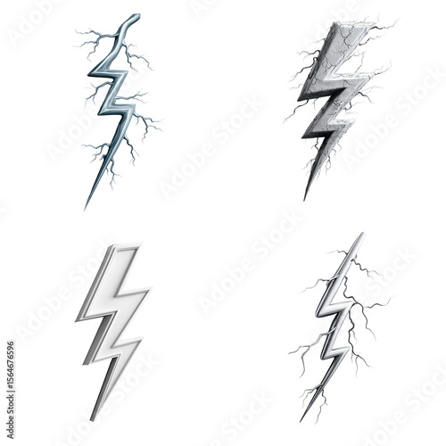 Lightning bolt illustrations in various styles and colors, isolated on transparent background