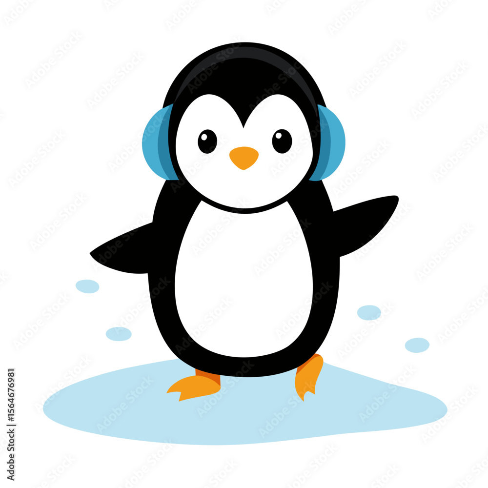 Fototapeta premium Cute cartoon penguin wearing blue headphones on an ice floe