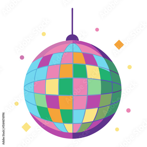 Colorful disco ball with confetti and sparkles on a white background
