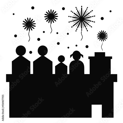 Family silhouettes watching fireworks display above city rooftops