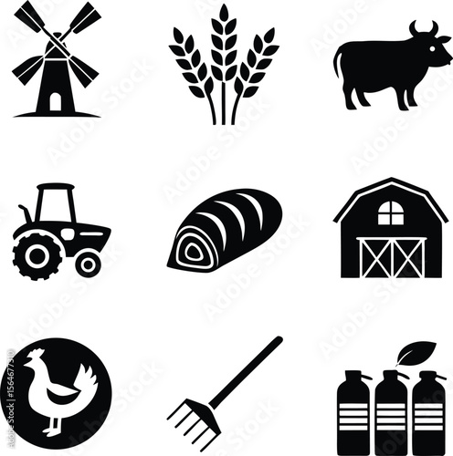 Farm icons windmill wheat cow tractor bread barn chicken rake bottles vector