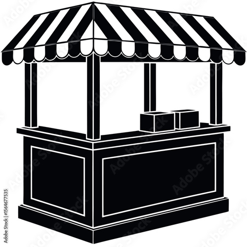 Black and white striped awning market stall with two boxes isolated on white background