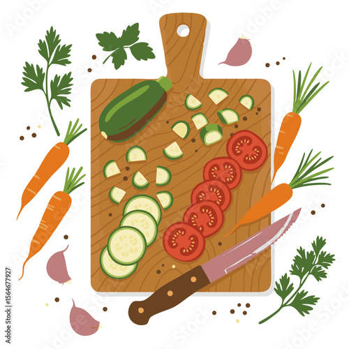 Cutting Board with Chopped Vegetables and Herbs, Flat Rustic Vector