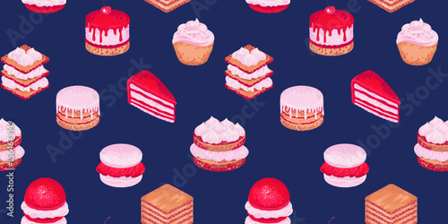 Colorful seamless pattern featuring various delicious desserts like cakes, macarons, and pastries on navy blue background. Design for wrapping paper, bakery packaging, fabric designs, and cafe decor.