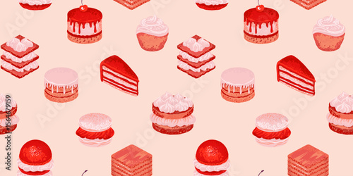 Seamless pattern featuring various delicious desserts like cakes, macarons, and pastries on soft beige background. Design for wrapping paper, bakery packaging, fabric designs, and cafe decor.