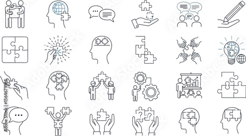 Wallpaper Mural Various line art icons depicting problem solving teamwork and puzzle pieces on a white background Torontodigital.ca