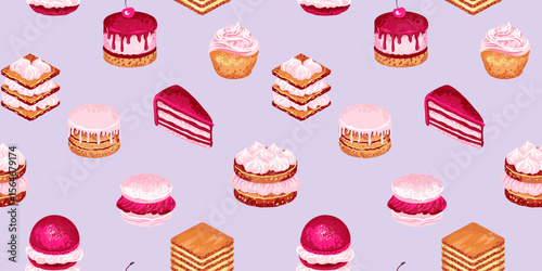 Playful seamless pattern featuring various delicious desserts like cakes, macarons, and pastries. Design for wrapping paper, bakery packaging, fabric designs, and cafe decor.
