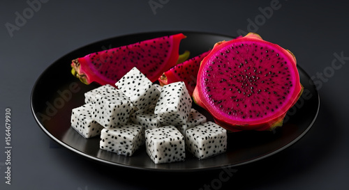 Fresh White Dragon Fruit Cubes on Black Plate Black Background
