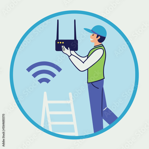 Technician installing wireless router with wifi signal vector
