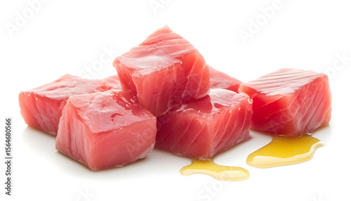 Tuna pieces with oil drops isolated on white background