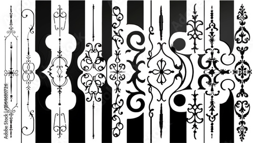 Collection of ornate black wrought iron decorative elements and patterns on white background