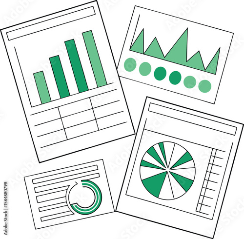 Various charts and graphs with green accents bar chart line graph